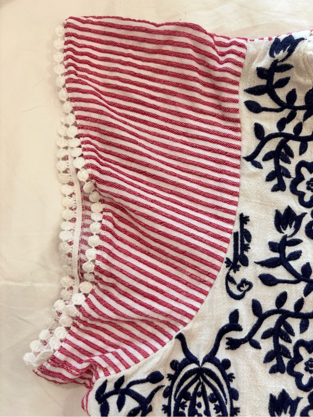 THML Sz S Top Cotton Linen Red White Striped Floral Embroidered Boho Cottagecore - Picture 6 of 10